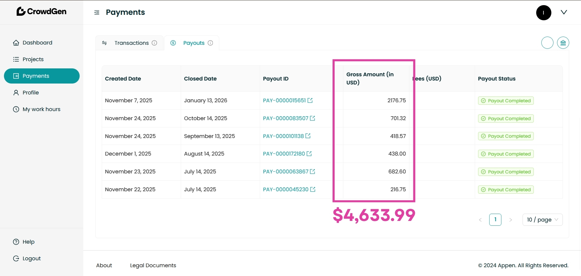 Comprovante de pagamento CrowdGen Appen